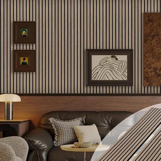 자연 환경 PVC MDF WPC 슬랫 보드 목재 플루트 디자인 플루트 내부 벽 패널 3D 장식용 목재 음향 패널 벽용